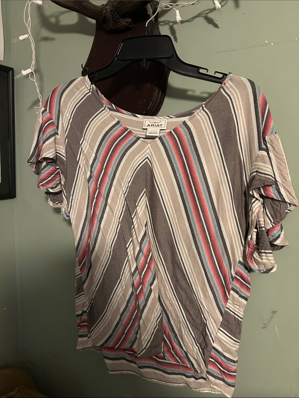 Ariat Striped Short Sleeve Top in Taupe with Pink & Teal Stripes